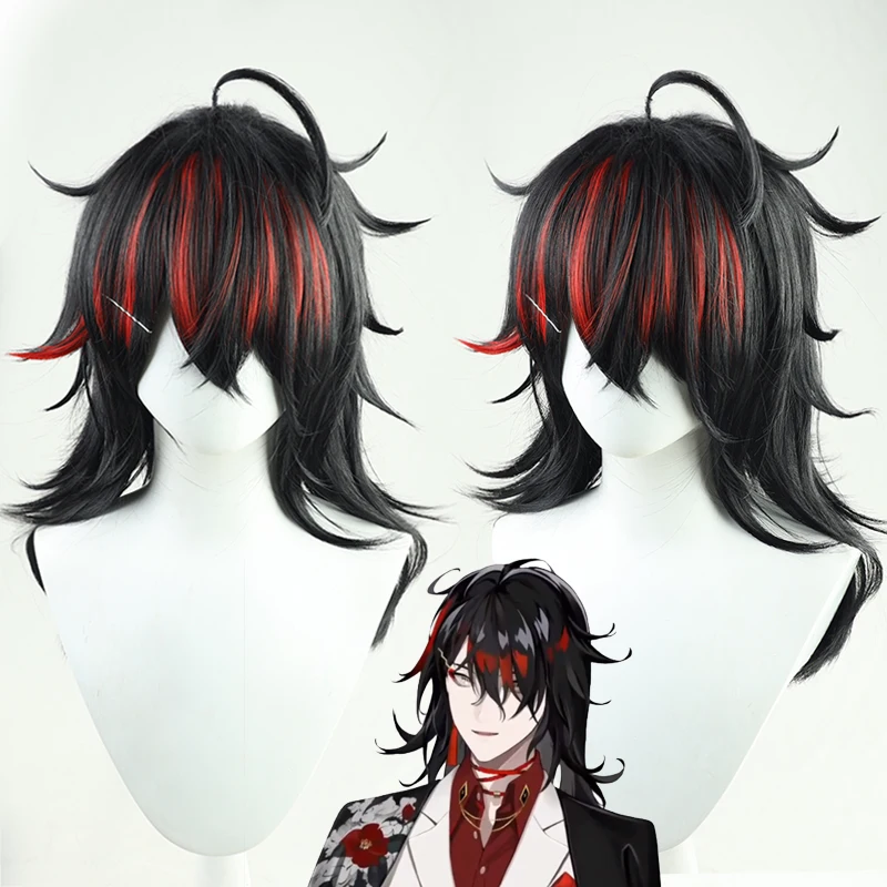 VTuber Hololive Vox Akuma Cosplay перука Черно смесен червен термоустойчиви синтетични косми е за костюм за Хелоуин, кралят перука, обувки