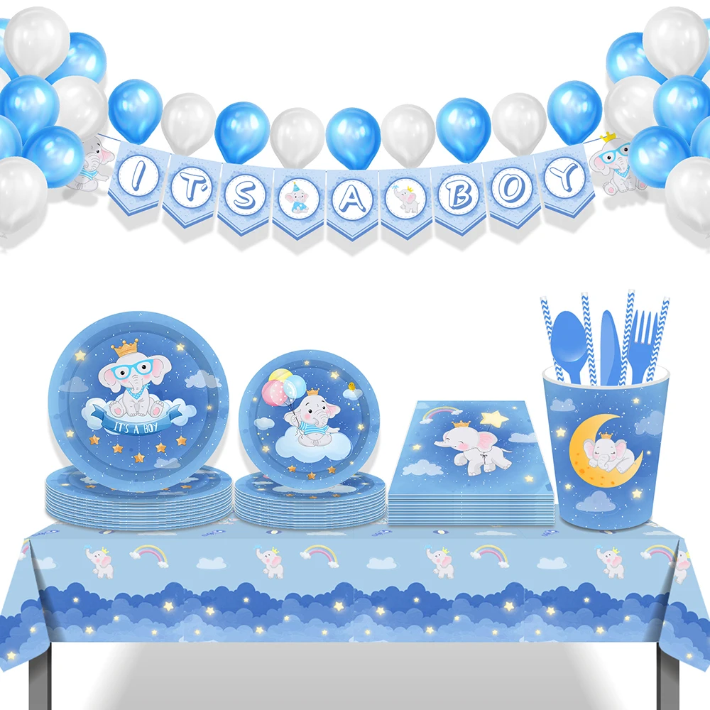 Cartoony синьо малко един слон теле, парти в чест на рождения ден, за еднократна употреба комплекти съдове за готвене, чинии, чаши, на парти в чест на рождения ден за момчета, трапезария и посуда
