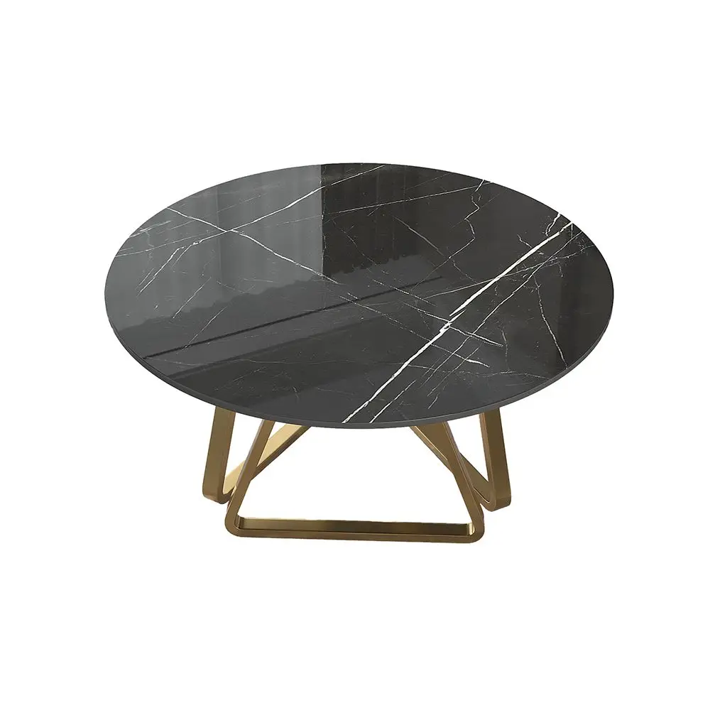 53-инчов черно модерен кръгла маса за хранене от изкуствен мрамор за 6 човека със златен стоманена основа