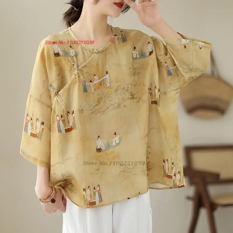 2023 дамски китайската традиционна дамска блуза hanfu елегантна рокля с националния принтом в памучна блуза, бельо ориенталски костюм от епохата на тан qipao