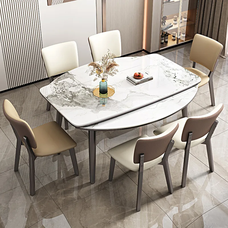Комплект за масата за хранене Rock Plate от италиански мрамор, Правоъгълен домакински Телескопична Сгъваем Стол от масивно Дърво, Мебели за хранене