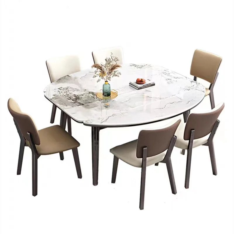 Комплект за масата за хранене Rock Plate от италиански мрамор, Правоъгълен домакински Телескопична Сгъваем Стол от масивно Дърво, Мебели за хранене