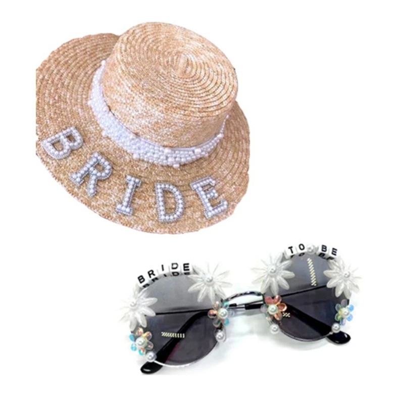 Елегантна сламена шапка на булката, Слънчеви очила, сватбена шапка с защита от uv, перла декор DXAA