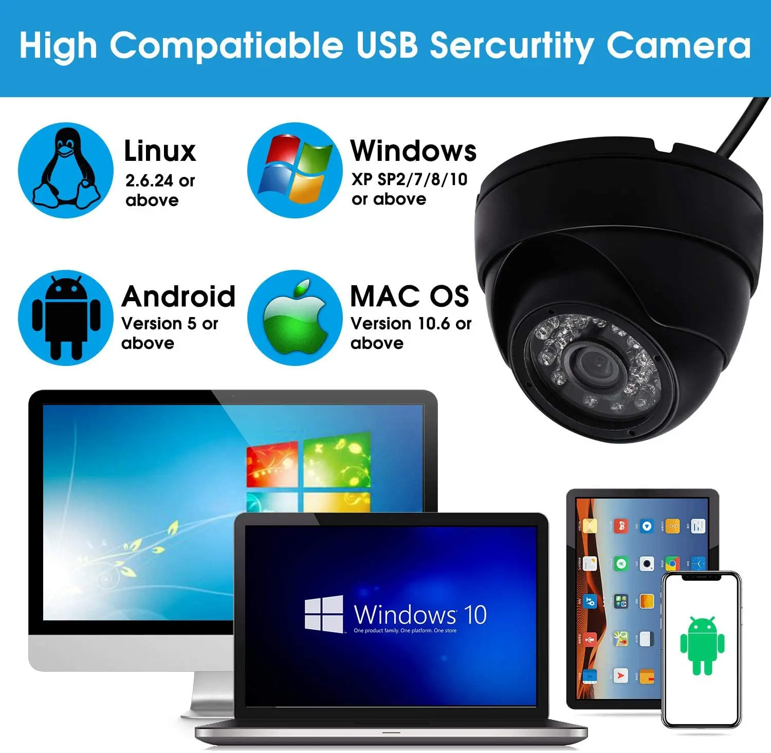 ELP 720P Водоустойчива IR куполна USB-камера с 24 бр. IR светодиоди за нощно виждане USB-webcam сигурност за външно видеонаблюдение