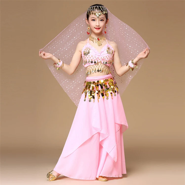 Детски костюм за танци в индийски стил, розов костюм за източния танц, костюм за танци, индийски детски танцов костюм