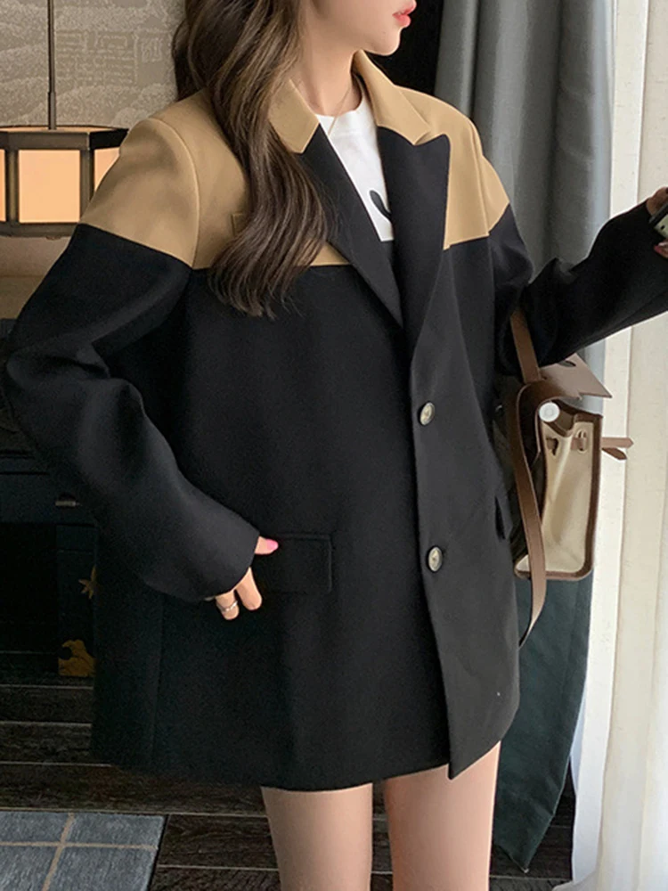 LANMREM, блейзър с цветен блок, палта за жени, однобортные палто в корейски стил с дълъг ръкав, дамски Дрехи в стил мозайка, Новост 2023, 2YA1149