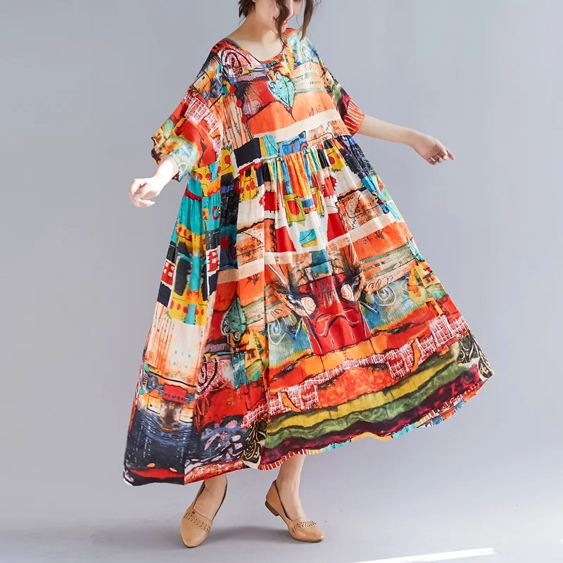 памук, реколта рокли големи размери с къс ръкав за жени, ежедневното свободно дълга лятна рокля, елегантно облекло, сарафан 2023 г.
