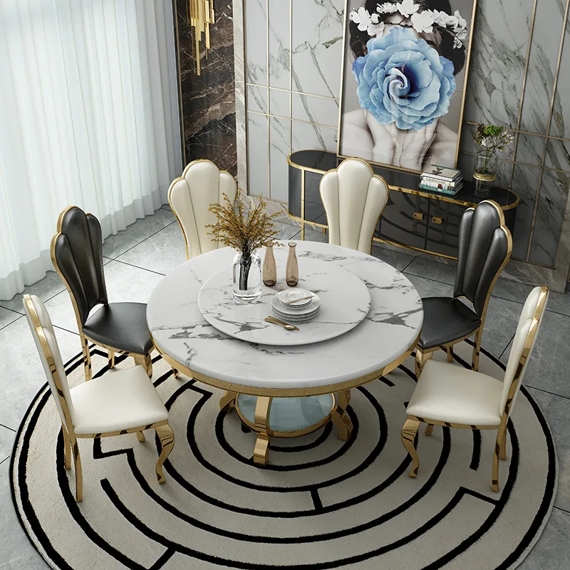 Мебели за трапезария лесен и екстравагантен мраморна маса и столове модерен проста кръгла маса с превръщането на масата от каменни плочи