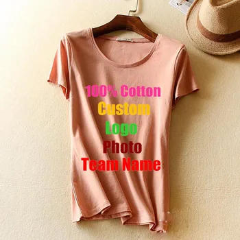 2018 Тънка висококачествени дамски памучен однотонная тениска с къс ръкав, изработени по поръчка, тениска със снимка и текст за момичета, женски основни върхове