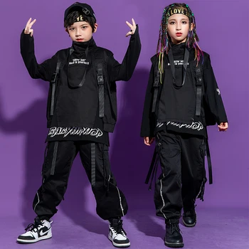 2020 Черни дрехи в стил хип-хоп за деца, дрехи за джаз улични танци с дълги ръкави, бална костюм в стил хип-хоп, с костюм BL5202