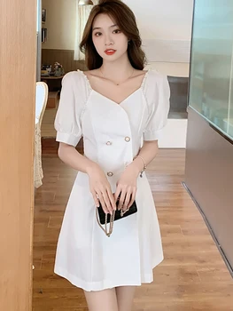2023 Бяла мини рокля с пищни ръкави и Тромаво яка, Дамско Черно корейското винтажное рокля Хепбърн, Лятно Ново елегантно дебнещ ежедневна рокля