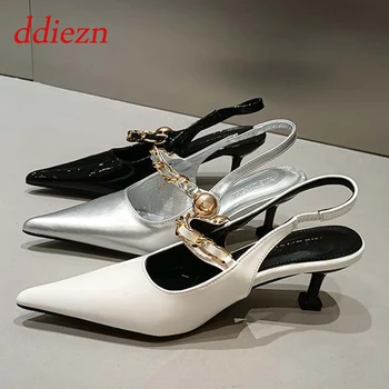 2023 Лятна дамски обувки Сандали на среден ток с флип от облегалка, обикновена модни кухи обувки-лодка с остри пръсти, Дамски Елегантни дамски обувки