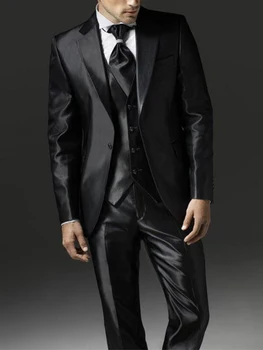 2023 Нов стил, черен сатен, плажен мъжки костюм с две низами, мъжки костюми за бала, костюм Homme, комплект от 3 теми (яке + панталон + елек)