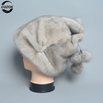 2023 Нова руска кожа шапка, топли зимни шапки от естествена кожа на норка за жени, Класически луксозни главни-те, коледна шапка