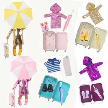 4 бр. Игралната къщичка за обличане Игри на кукли Пътен багажното набор от Миниатюрен багажник чадър Обувки дъждобран Аксесоари за куклена къща
