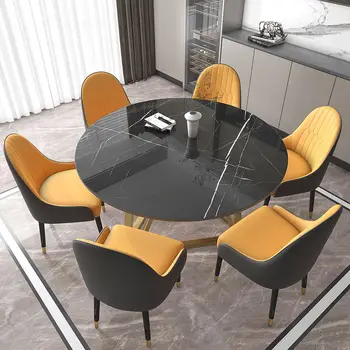 53-инчов черно модерен кръгла маса за хранене от изкуствен мрамор за 6 човека със златен стоманена основа