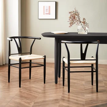 Better Homes & Gardens Стол на носачи от пружинен дърво, 2 опаковки, Рамка черен цвят с подплата на седалката естествен цвят, Метал и въжени материали
