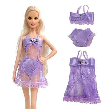 NK, 3 предмет в комплект лилава пижама, Дрехи, Бельо, сутиен, рокля, лейси домашно облекло, облекло за кукли Барби, Аксесоари, играчки