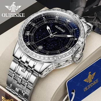 OUPINKE, висок клас марка, оригинални автоматични механични мъжки часовник циферблат със звездните диаманти, 5ATM, водоустойчив луксозни бизнес мъжки ръчен часовник