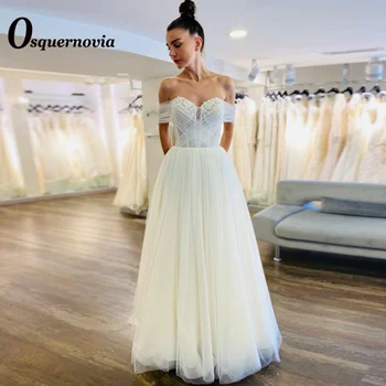 Osquernovia Стилни булчински рокли от тюл с отворен гръб 2023, с аппликацией във формата на сърце, с открити рамене, сватбената рокля трапецовидна форма за поръчка