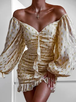 POFGD 2022 Лятото Елегантна Многослойно рокля с рюшами, лодка деколте, Дълъг ръкав, Сексуална Клуб Жизнена рокля, плиссированное луксозно дамско приталенное рокля