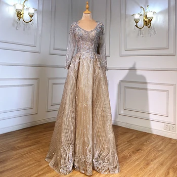 Serene Hill Кафяви вечерна рокля трапецовидна форма 2023, расшитое мъниста, с дълги ръкави и V-образно деколте, луксозно секси вечерна рокля CLA70773