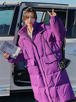 Syiwidii/ пуховик с качулка, женски есенното яке 2022 г., с цип голям размер, ежедневни елегантни дълги прави изолирана топлите корейски модни палта