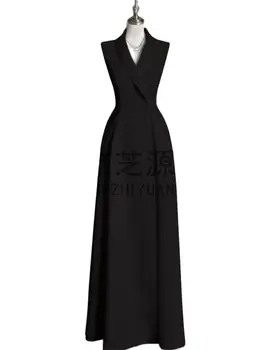 vestido de fiesta de boda Реални Изображения Черни сатенени рокли за майката на булката е в цял ръст с V-образно деколте и открити рамене 2023