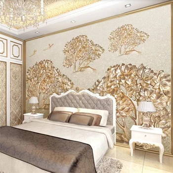 wellyu Потребителски тапети 3d стенописи луксозно златно щамповане на дърво птица Европейския ТЕЛЕВИЗИЯ фон стена дневна спалня тапети тапети