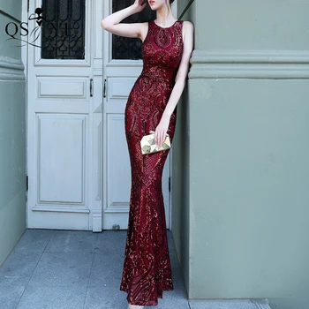 Бордо рокля за абитуриентски бал с пайети, без ръкави, с цветя модел, дантелено вечерна рокля Русалка с отворен гръб, червена дълга вечерна рокля