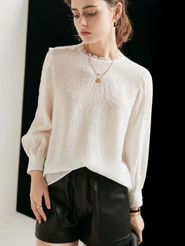 Бяла Риза от естествена коприна, дамски Свободна, однотонная, Голям Размер, однотонная, с дълги ръкави, 2021, Нов Стил, елегантна блуза от коприна тутового цвят