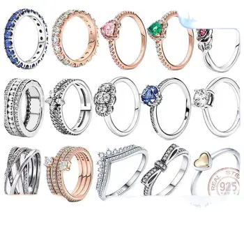 Гореща разпродажба сребърни пръстени за жени от 100% 925 сребро, crown принцеса, блестящи пръстени с фианитами във формата на сърце, изискани сватбени декорации за годеж