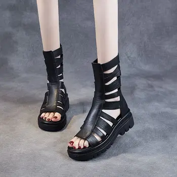 Дамски ежедневни сандали с дебела подметка, пролет-лято нови римски обувки от естествена кожа на танкетке, дамски обувки Matsuke Готини Ботуши