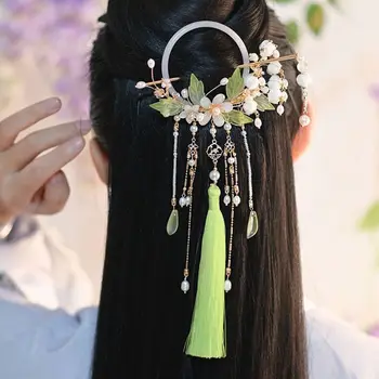 Дамски изискани виолетово-зелени цветя с четка, комплект за коса, прическа Hanfu Hairstick