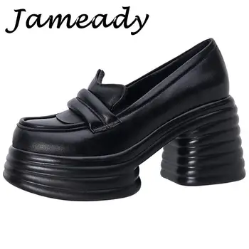 Дамски обувки-лодка на ултра-висока платформа, дамски лоферы без закопчалка за дебелите обувки, ежедневни кожени маркови елегантен модел обувки