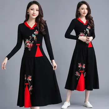 Женски костюм от епохата на Тан с бродерии и цветя, Риза с дълъг ръкав и пола, комплекти в китайски стил, есенно-пролетния костюм за изяви, L-5XL