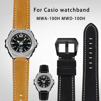 Закалени кожена каишка за часовник Casio серия до mwa-100H MWD-100H, изменено мъжка гривна от кожа в ретро стил, верижка за часовник