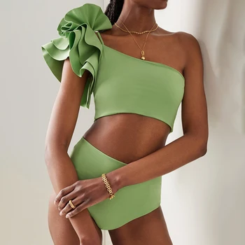 Зелен Бански с обемно цвете на едното рамо, Модерен и шик бикини от две части, сексуална тънка плажно облекло с отворен гръб 2023