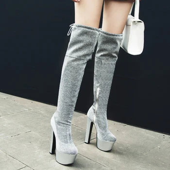 Зимните модни дамски сребристи ботуши до бедрата, луксозни обувки, дамски дизайнерски обувки на платформа и висок ток, жените дълги ботуши голям размер