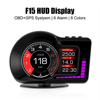 Измерване на скоростта, с двойна система OBD, GPS, бърз тест F15, 6 функции аларма, сензор за оборота в минута, скоростомер, HUD, авто централен дисплей