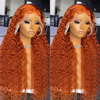 Имбирно-Оранжево 13x6 Прозрачен Перука с дълбоки вълни на дантели, Цветен Перука на дантели, Къдрава Перуки, изработени от човешка коса, за жени, перука 5x5Closure