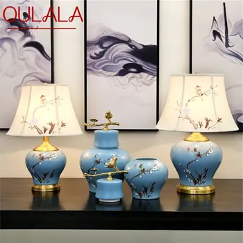Керамични настолни лампи OULALA, синята луксозна Птица, месинг текстилен настолна лампа, домашен декоративна лампа за хол, трапезария, спалня