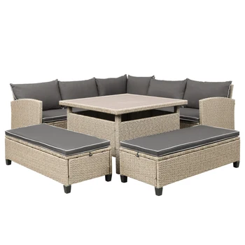 Комплект мебели за двор от 6 теми, уличен секционни диван от плетеного ратан с маса и пейки за задния двор, градина, басейн