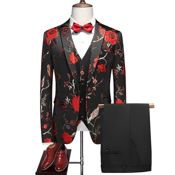 (Костюм, палто + жилетка + панталони) Комплект от 3 теми, мъжки ежедневни бутик, бизнес блейзери в британски стил с принтом рози, яке, панталони, жилетка