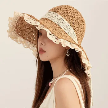 Летните Елегантни Сгъваеми сламени шапки За жени и Момичета, Ръчно изработени Выдалбливают Слънцезащитна Женска шапка с широка периферия и завързана лък Плажни шапки Chapeau Femme
