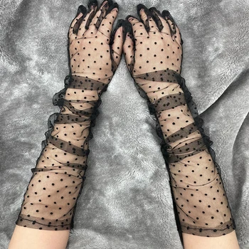 Модни дълги дантелени ръкавици в грах, дамски Елегантни разтеглив тюлевые на окото е прозрачна дамски ръкавици без пръсти с дълги пръсти, сватбени черни чорапогащи за булката
