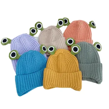 Модни однотонная детска шапка ръчна изработка, мультяшная жаба, с големи очи, детски вълнена шапка, есен-зима, топло възли шапки с качулка за момчета и момичета