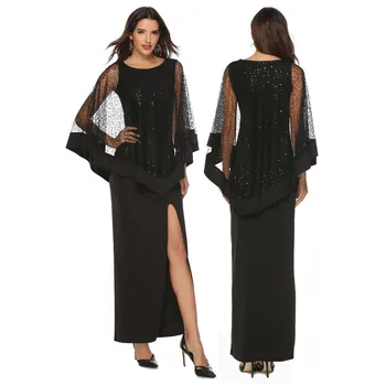 Модно ново черна рокля с бродерия с пайети, по-дълга рокля с висока засаждане, дрехи Y2K
