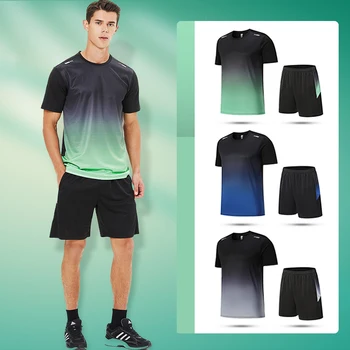 Мъжки летен спортен костюм, дишаща градиент ежедневни тениска, шорти за бягане, фитнес, туризъм, модерен спортен костюм Унисекс комплект от две части