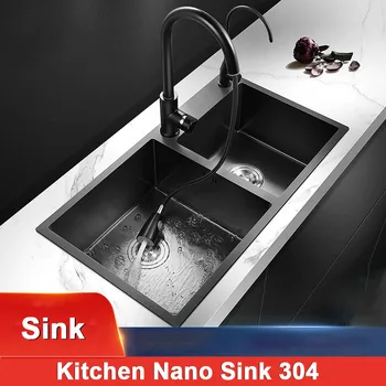 НАНО-мивка от неръждаема стомана 304, кухненска мивка с двоен слот, ръчна работа, мивка с горни монтиране и смесител